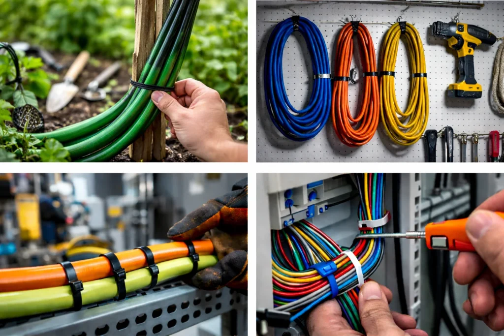 Four-panel collage showing zip ties used to secure garden hoses, organize workshop extension cords, fasten industrial pipes, and manage electrical wiring.