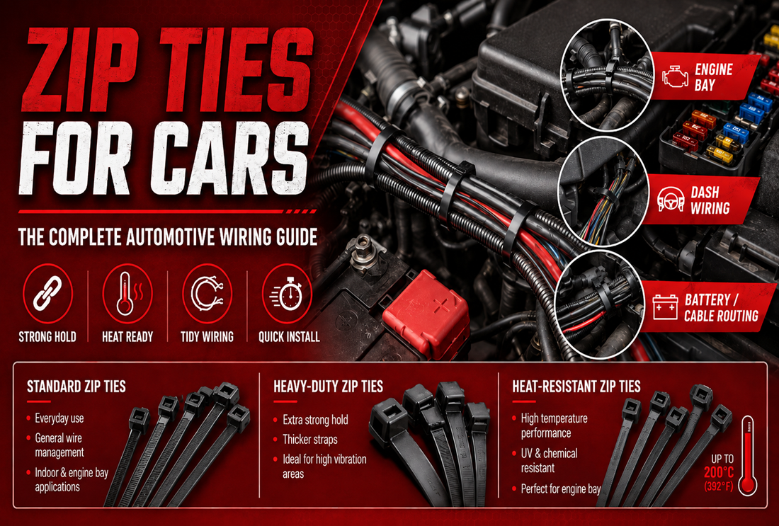 Zip ties for cars securing engine bay, dashboard, and battery wiring with standard, heavy-duty, and heat-resistant automotive cable ties