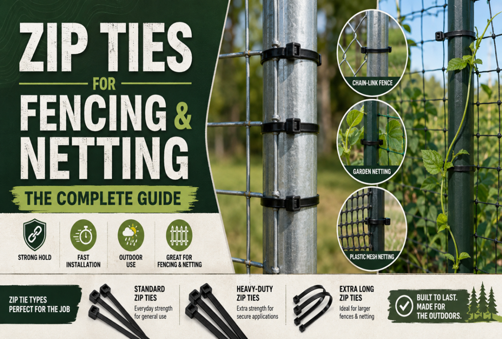 Black zip ties securing chain-link fencing, garden netting, and plastic mesh with standard, heavy-duty, and extra-long tie options