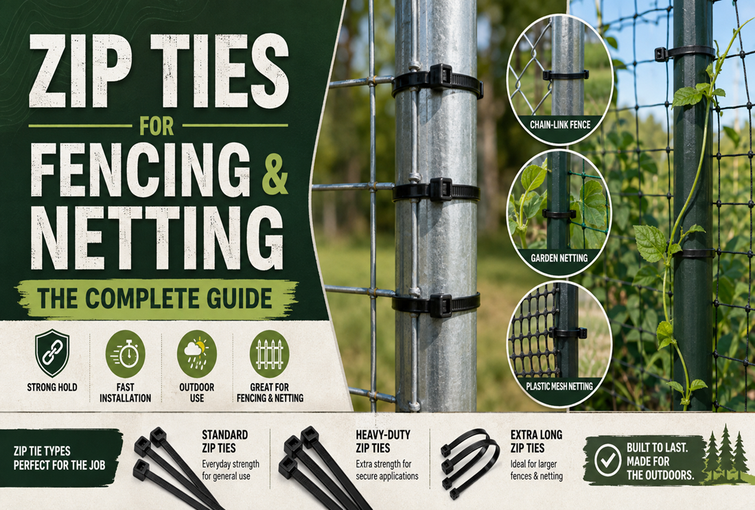 Black zip ties securing chain-link fencing, garden netting, and plastic mesh with standard, heavy-duty, and extra-long tie options