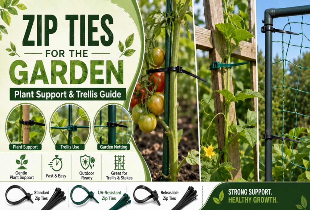 Zip ties supporting garden plants, tomato stems, trellises, stakes, and garden netting using standard, UV-resistant, and releasable ties