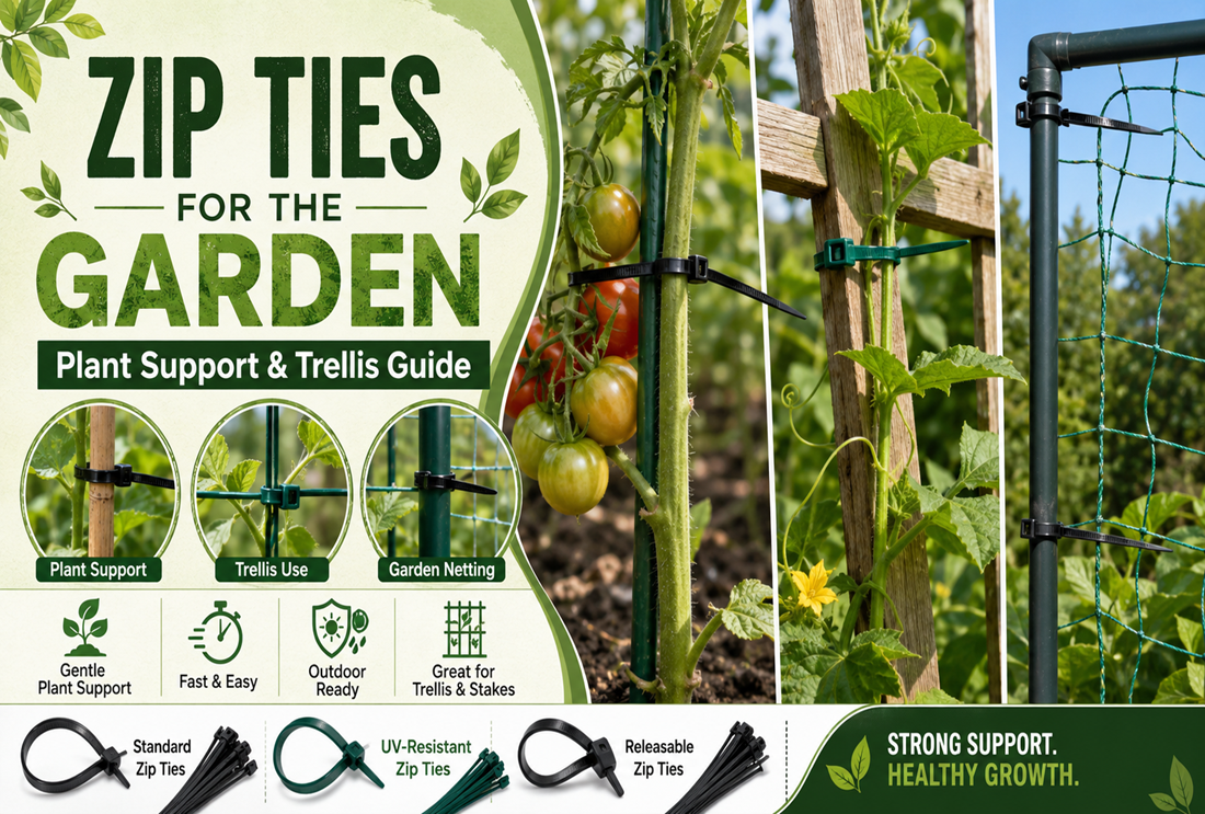 Zip ties supporting garden plants, tomato stems, trellises, stakes, and garden netting using standard, UV-resistant, and releasable ties