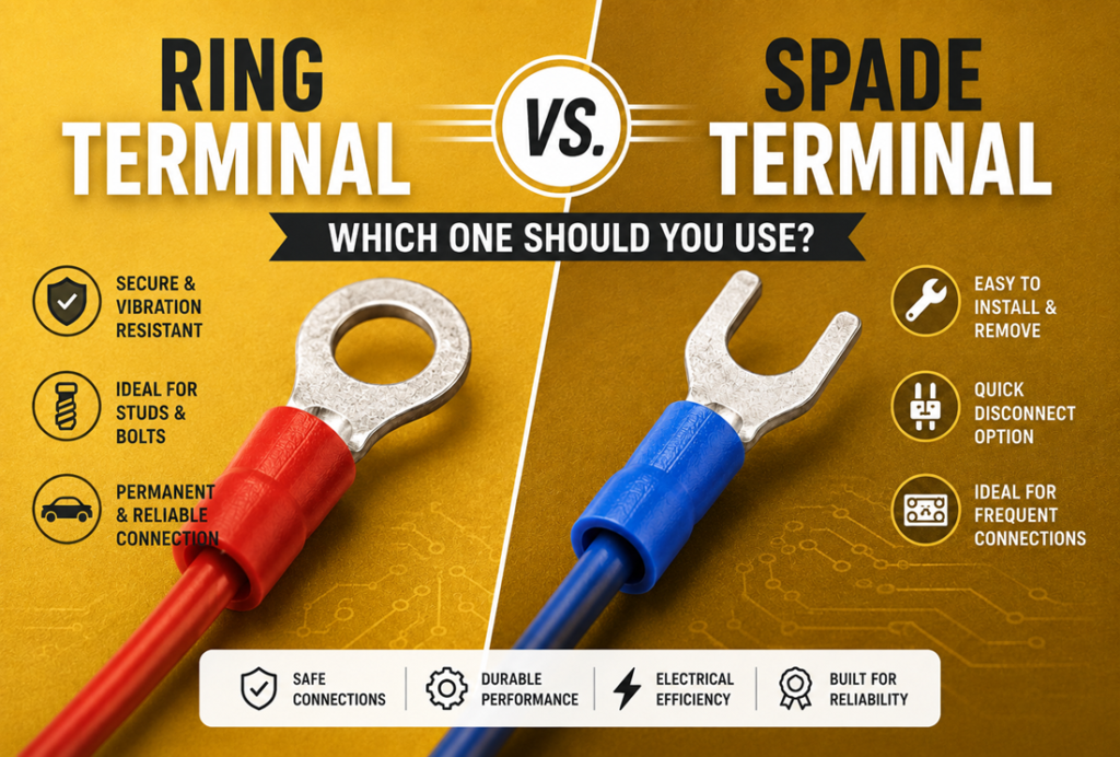 Ring terminal vs spade terminal comparison showing secure connections, easy installation, and quick disconnect features