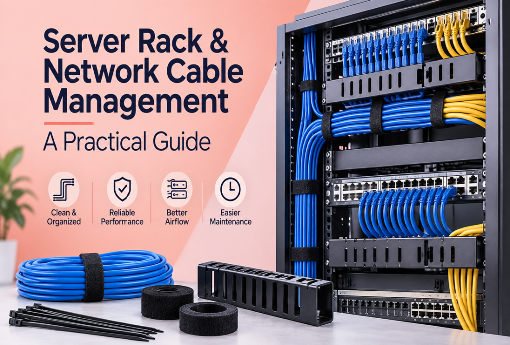 Organized server rack with neatly routed Ethernet cables, cable managers, hook-and-loop straps, and network patch panels.