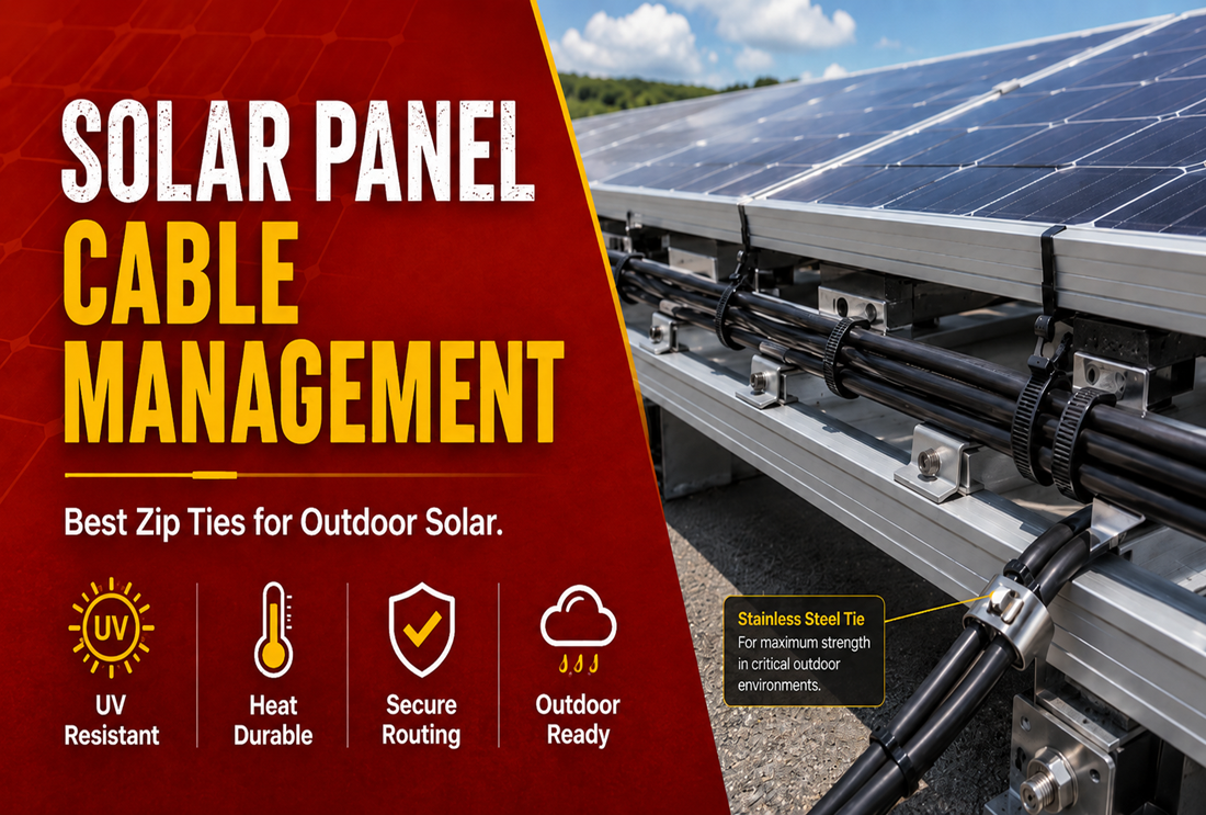 Solar panel cable management using UV-resistant zip ties and stainless steel ties to secure outdoor PV wiring.