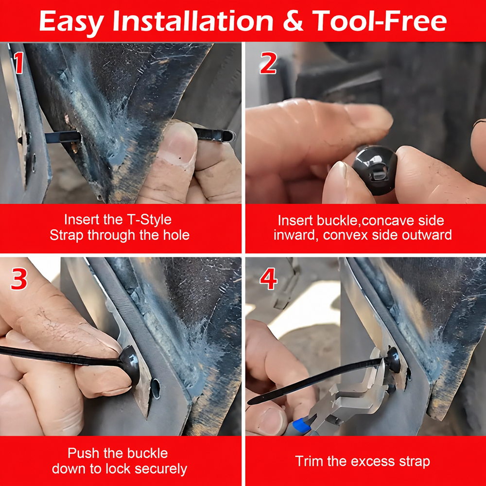 TIESELX nylon cable tie buckle easy installation guide showing four steps: inserting T-style strap, installing buckle, locking securely, and trimming excess strap