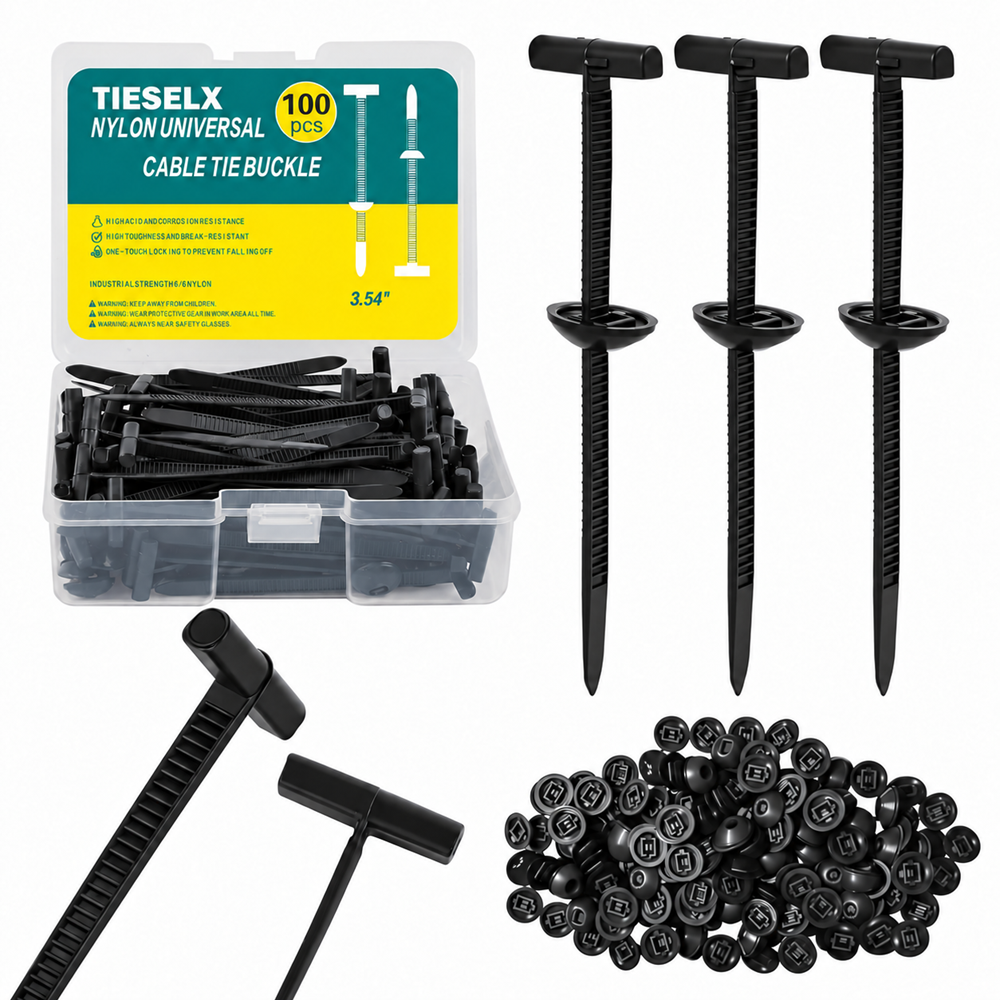 TIESELX nylon universal cable tie buckle 100pcs kit with clear storage box, black T-head cable ties, mounting buckles, and durable automotive fastening accessories on white background