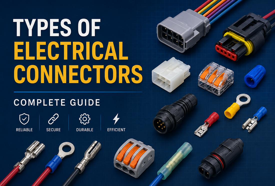 Types of electrical connectors including wire terminals, plug connectors, lever connectors, ring terminals, and waterproof electrical connectors.