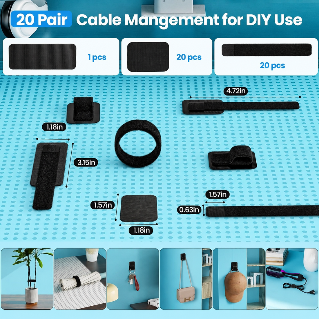 20 piece cable management strap kit with hook and loop organizers in multiple sizes for DIY cable organization, wire management, and home storage use.
