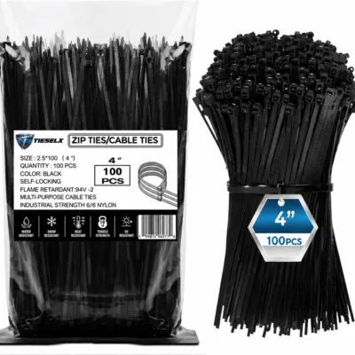 TIESELX 4 inch black zip ties 100 pack nylon cable ties with self-locking design