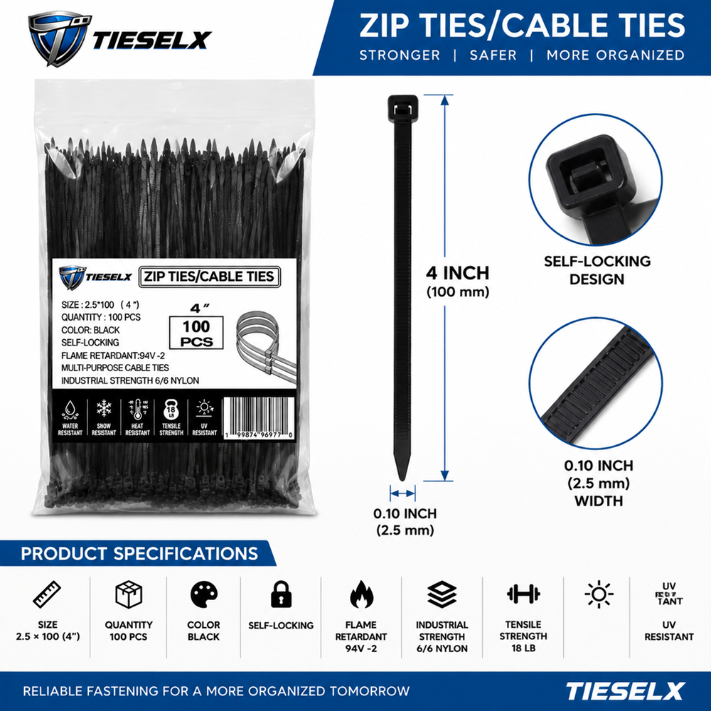 TIESELX 4 inch black zip ties 100 pack specifications showing nylon cable tie size, width, self-locking design, and tensile strength