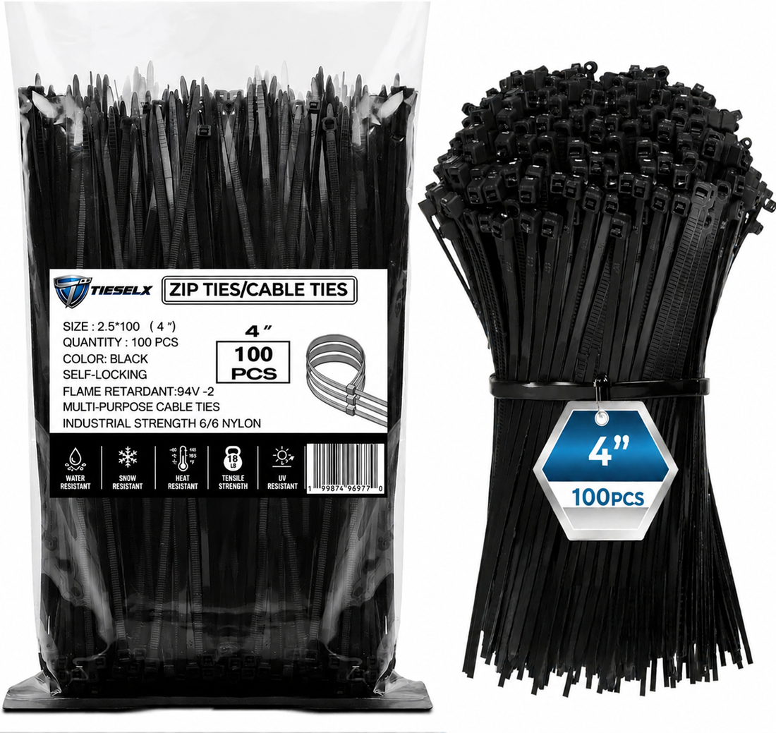 TIESELX 4 inch black zip ties 100 pack nylon cable ties with self-locking design