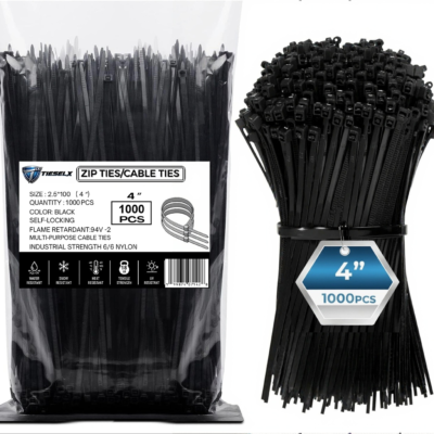 TIESELX 4 inch black zip ties 1000 pack with self-locking nylon cable ties, 18 lb tensile strength, UV resistant, flame retardant, and industrial strength design