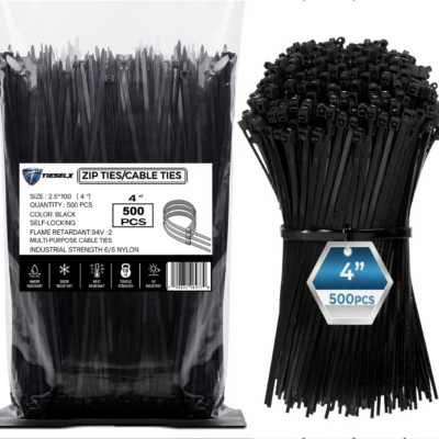 TIESELX 4 inch black zip ties 500 pack with self-locking nylon cable ties, 18 LB tensile strength, UV resistant and flame retardant design