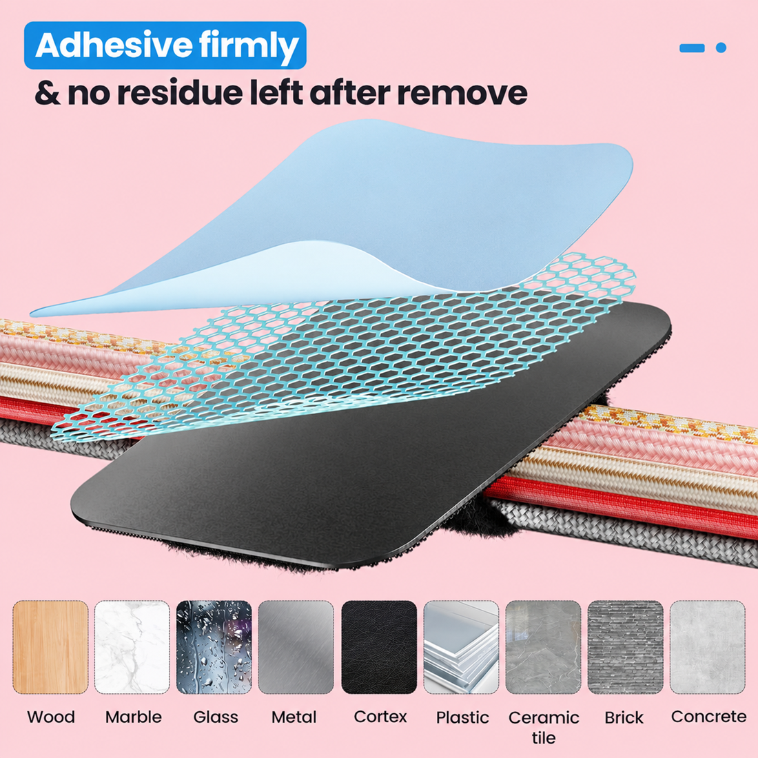 Adhesive cable strap with no residue removal feature showing layered hook and loop design and compatibility with wood, marble, glass, metal, plastic, ceramic tile, brick, and concrete surfaces.
