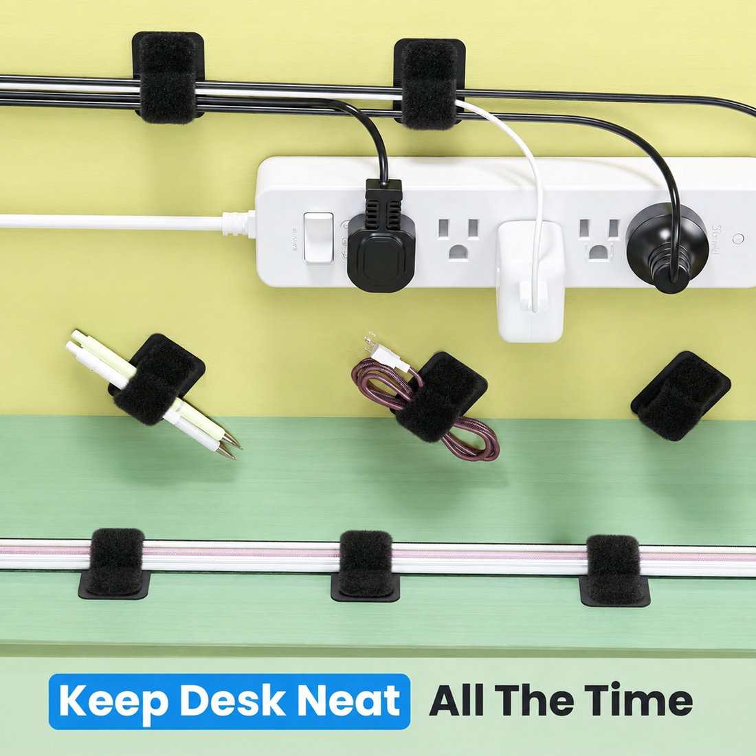 Black adhesive cable clips organizing power cords and charging wires on a desk for a clean and clutter-free cable management setup.