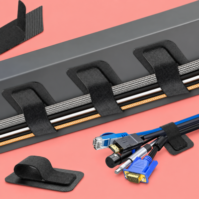 Black hook and loop cable straps organizing multiple wires and connectors for clean cable management and desktop wire organization.