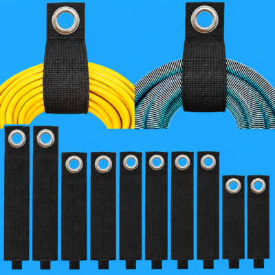 Black hook and loop cable straps with metal grommet holes displayed in multiple sizes for hanging, organizing cables, hoses, wires, and storage applications.