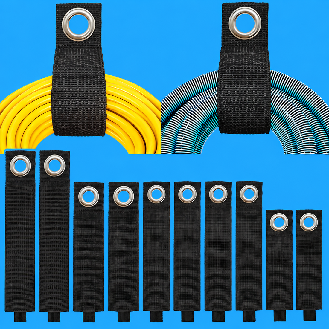 Black hook and loop cable straps with metal grommet holes displayed in multiple sizes for hanging, organizing cables, hoses, wires, and storage applications.