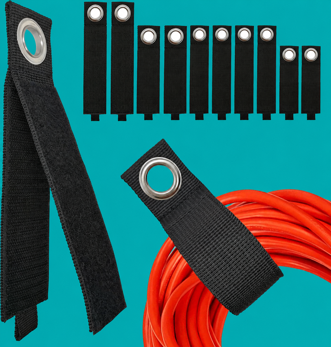 Black hook and loop cable straps with metal eyelets for organizing cables, hoses, and tools on a teal background