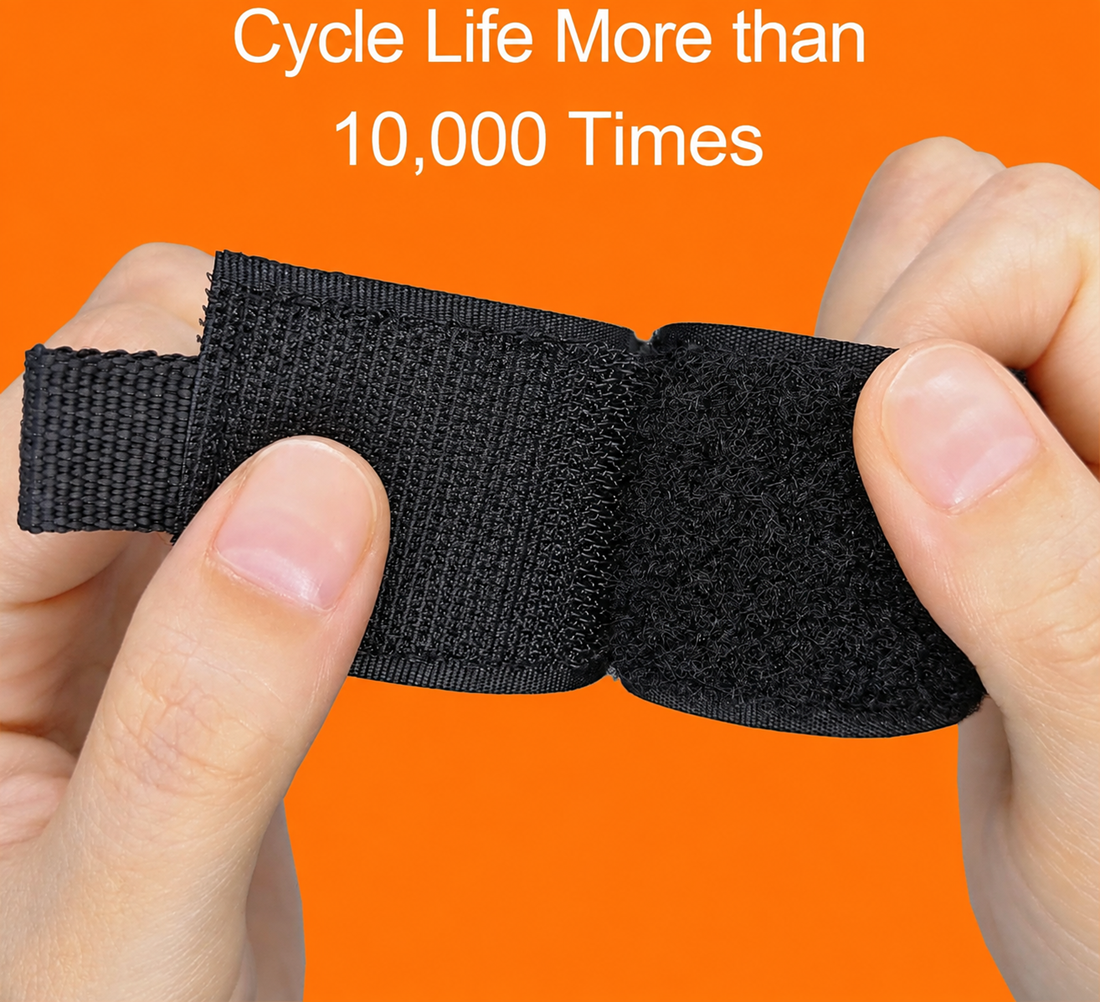Black hook and loop cable strap durability test showing flexible reusable fastener with over 10000 cycle lifespan