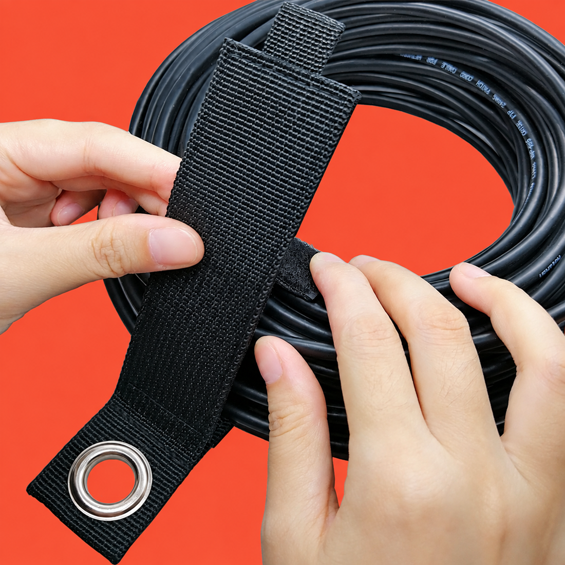 Black heavy duty cable strap with metal eyelet securing a coiled cable, showing reusable hook and loop cable management tie in use