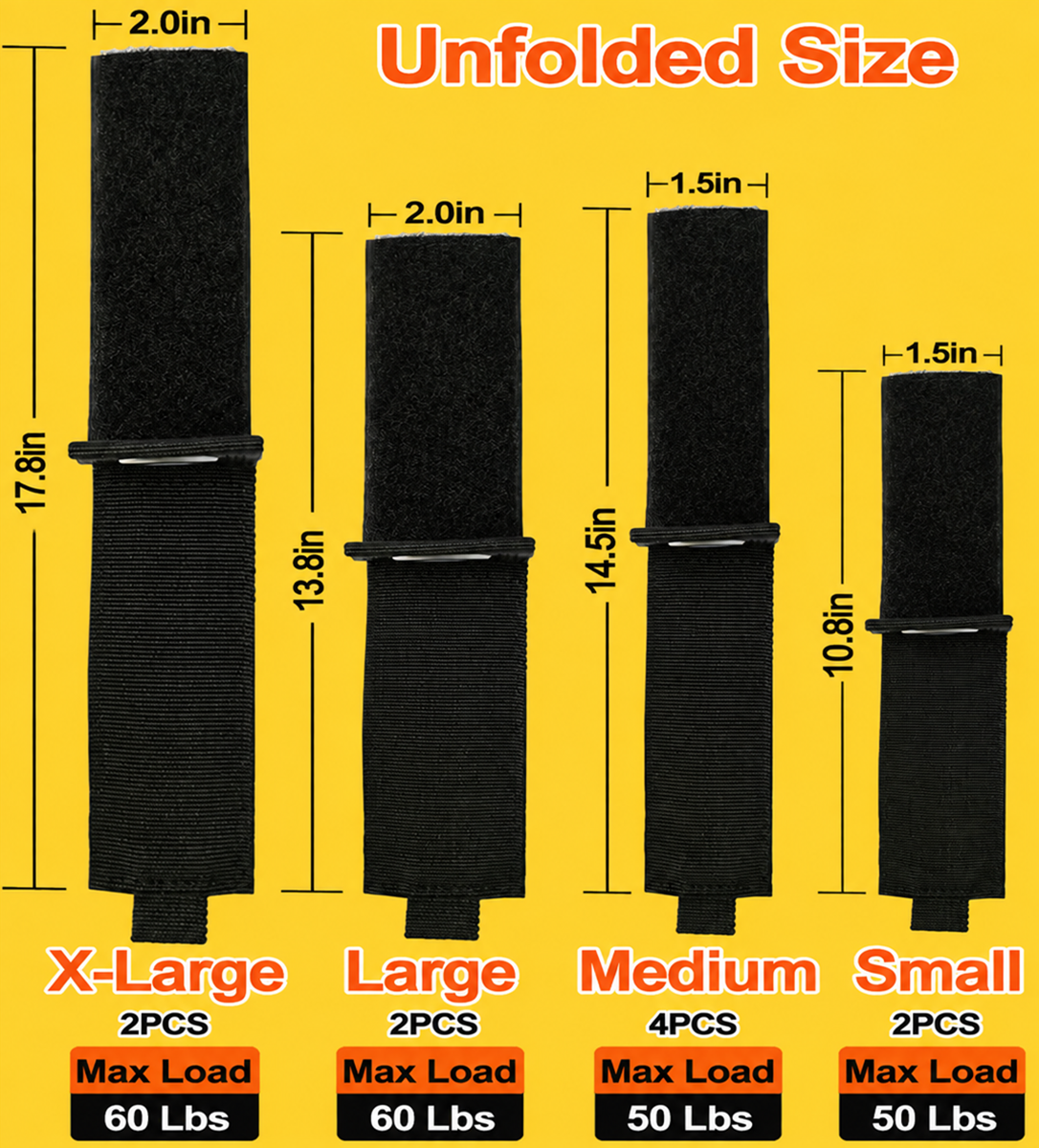 Hook and loop cable strap size guide showing X-Large, Large, Medium, and Small black straps with measurements and maximum load capacity details.