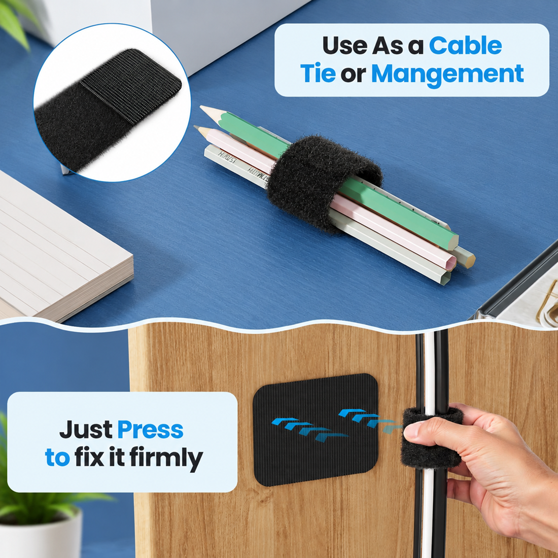 Hook and loop cable tie organizer showing cable management use with pencils and wires, easy press installation, and secure attachment for home and office organization.