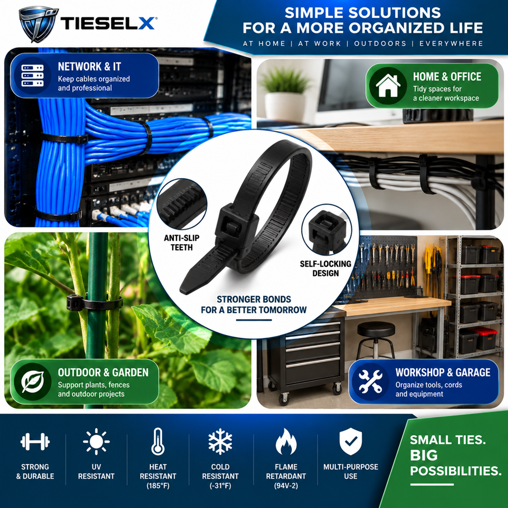 TIESELX black cable ties used for network cables, home organization, outdoor gardening, and workshop applications