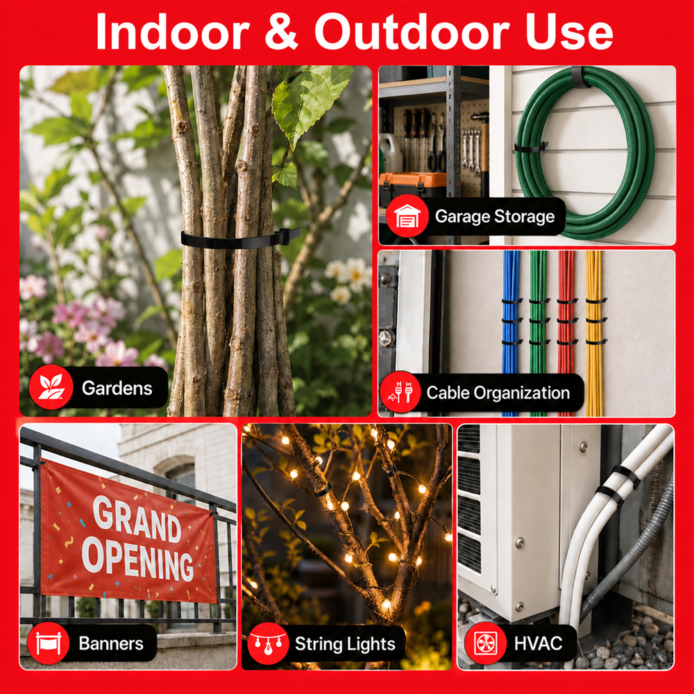 TIESELX black cable ties for indoor and outdoor applications including garden, garage, cable organization, and HVAC use