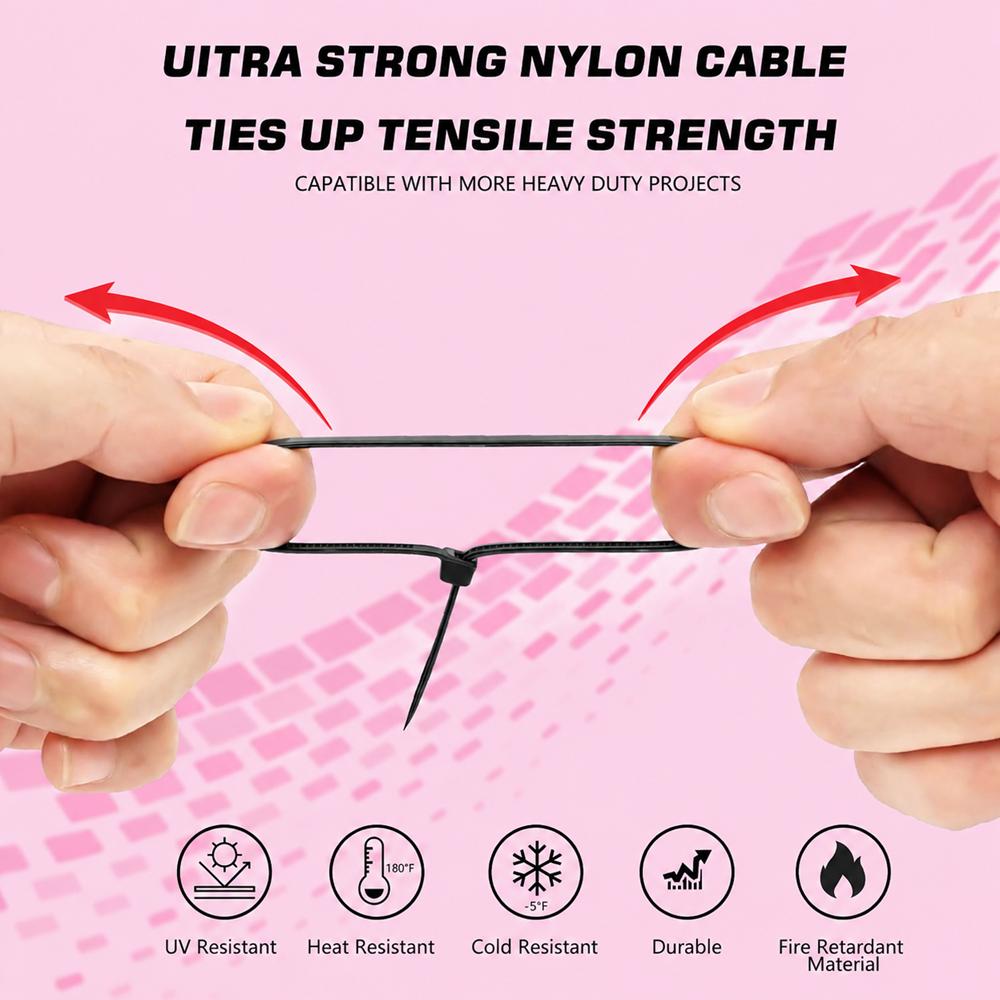 TIESELX black cable ties for garden, garage, home, outdoor, and industrial fastening applications