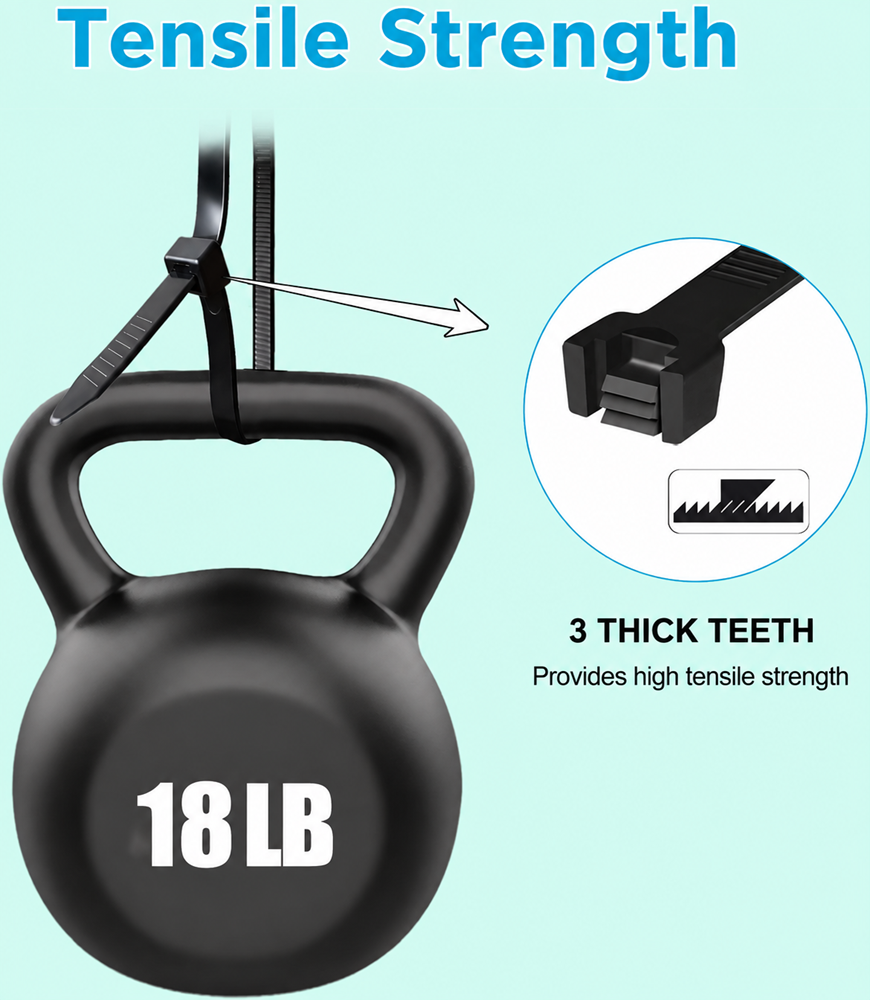 TIESELX black zip ties tensile strength test showing 18 lb strength and thick anti-slip teeth design