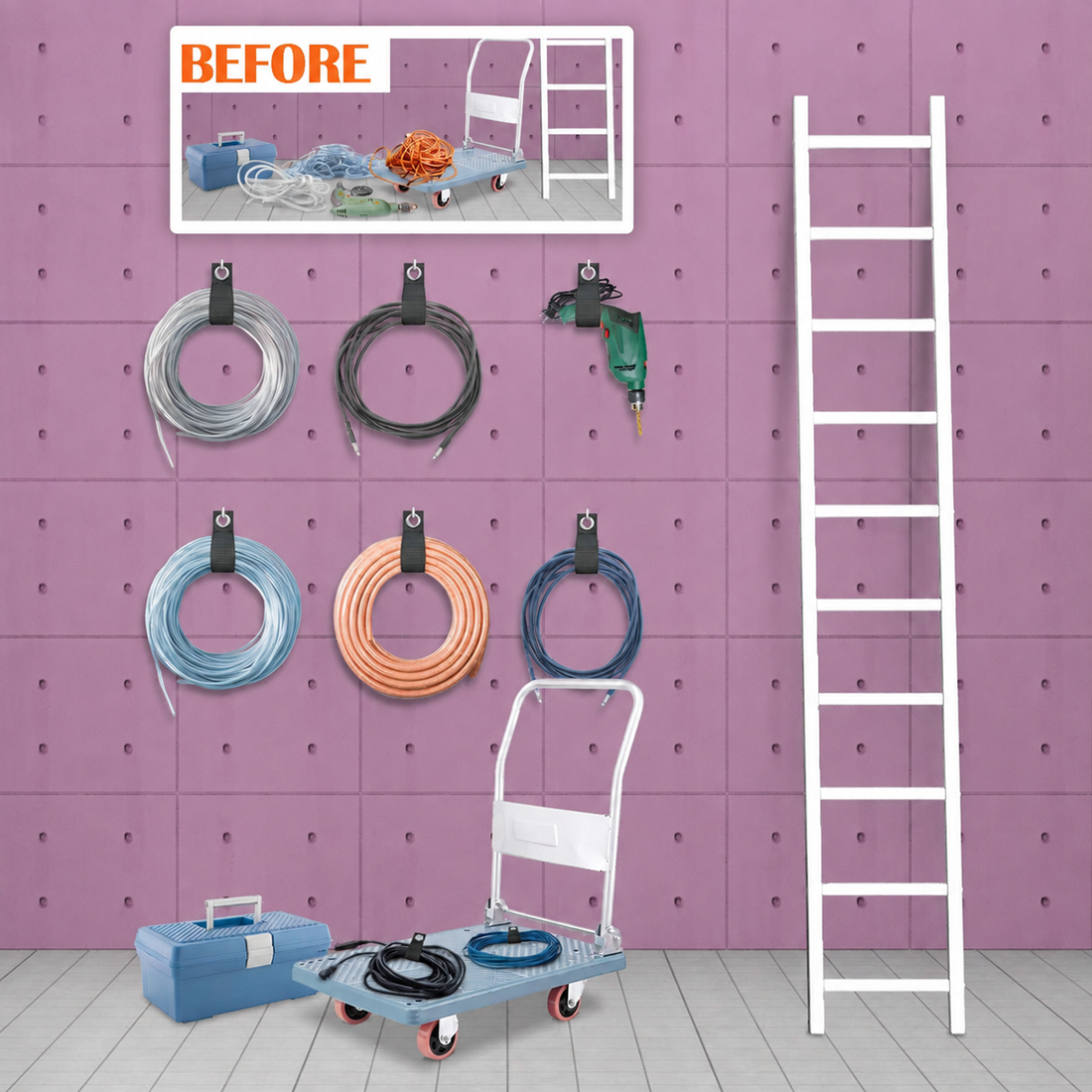 Wall mounted cable storage setup with hook and loop straps organizing electrical cables, tools, and hoses in a neat workspace