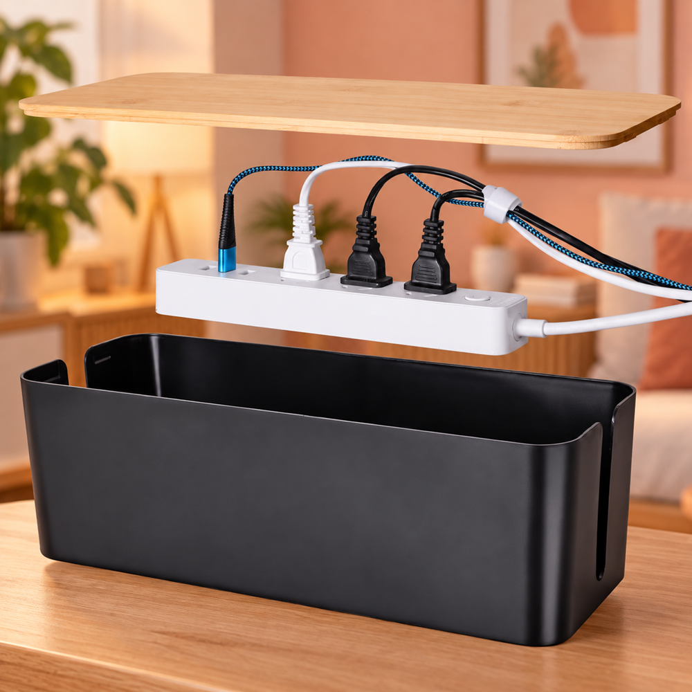 TIESELX 2 Pack Cable Management Box with Wood-Style Lid – Cord Organizer & Power Strip Hider - Image 5