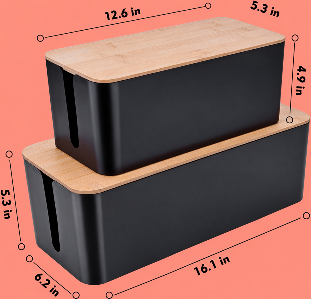 Two black cable management boxes with bamboo lids showing dimensions of 12.6 x 5.3 x 4.9 inches and 16.1 x 6.2 x 5.3 inches.