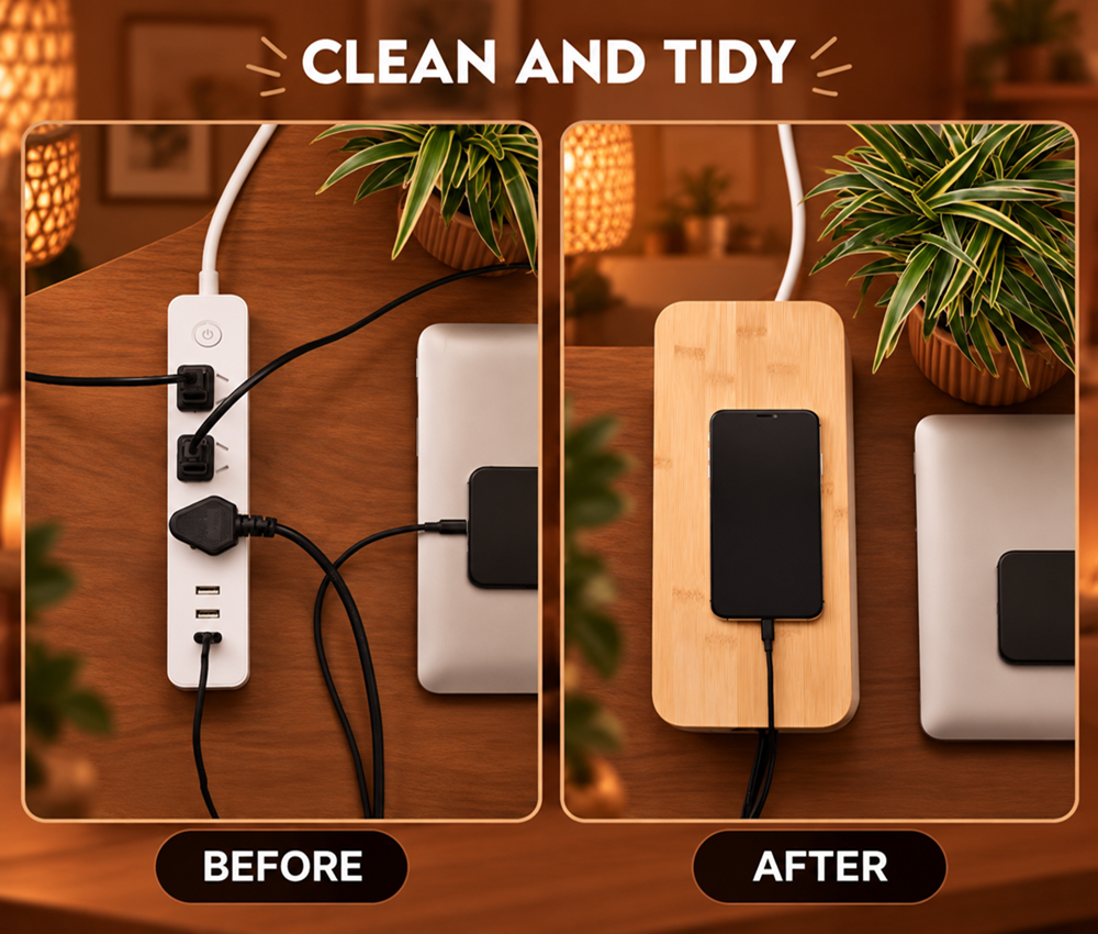 Before and after cable management setup showing a messy power strip and cables beside a cleaner organized desk with a bamboo-lid cable box.