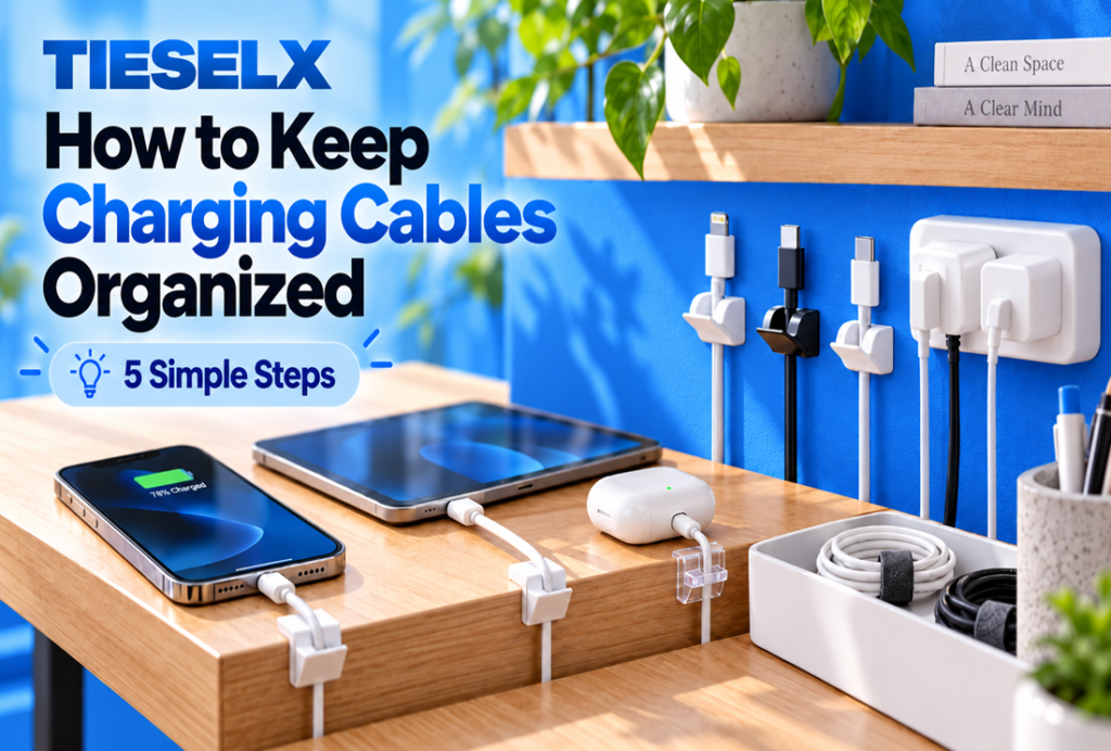 How to keep charging cables organized using TIESELX adhesive cable clips, showing a tidy charging station with phone, tablet, cable holders and neatly stored cords.