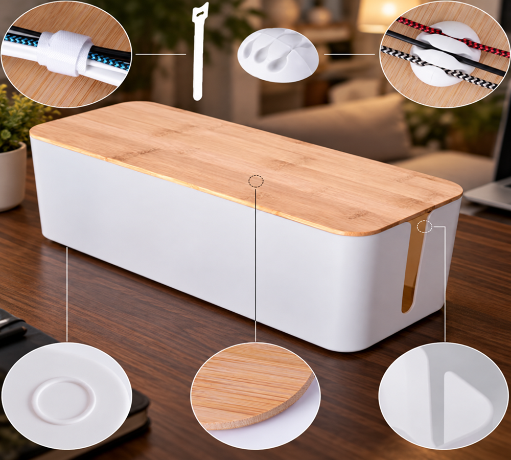 TIESELX 2 Pack Cable Management Box with Wood-Style Lid – Cord Organizer & Power Strip Hider - Image 2