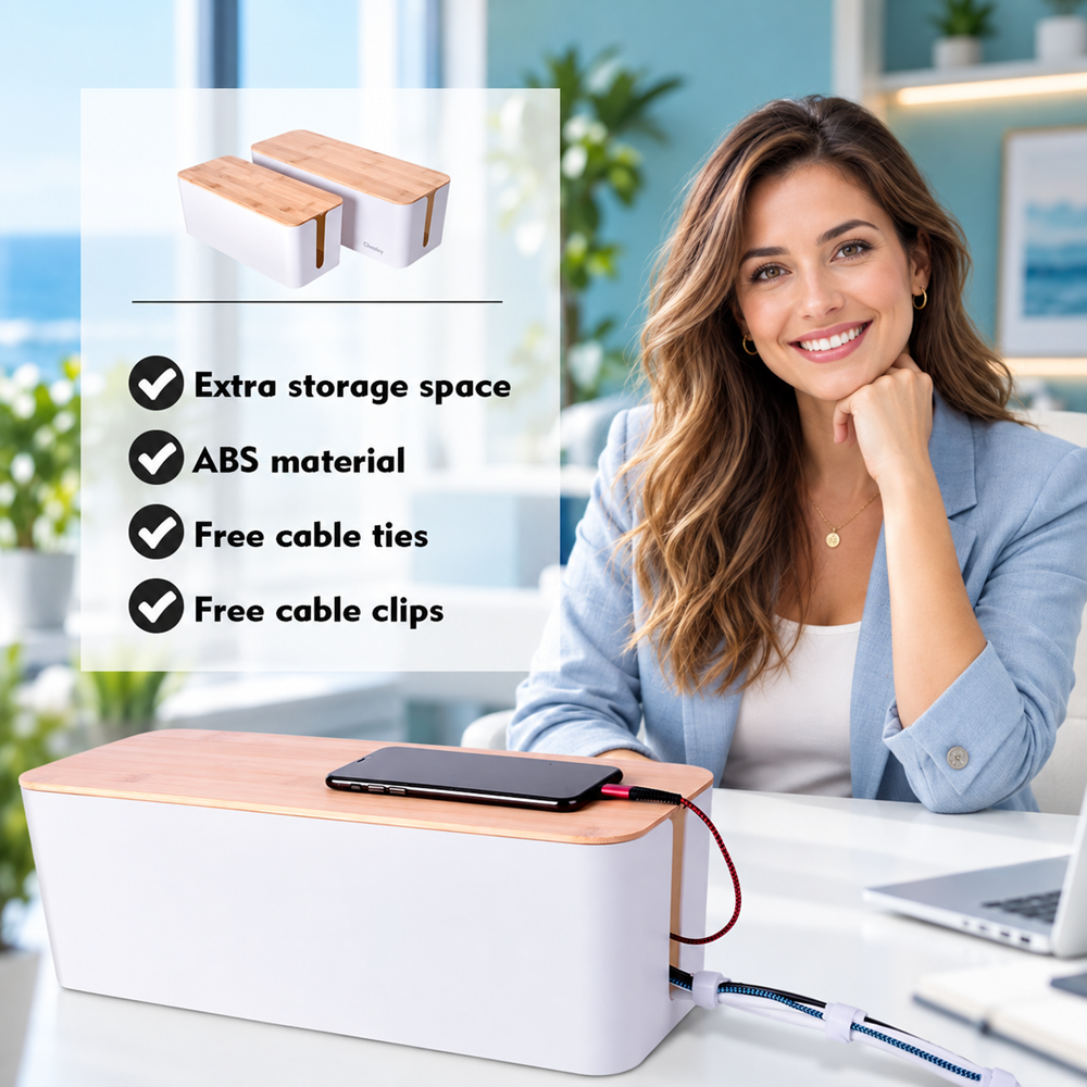 White cable management box with bamboo lid on an office desk, showing extra storage space, ABS material, cable ties, cable clips, and charging cable organization.