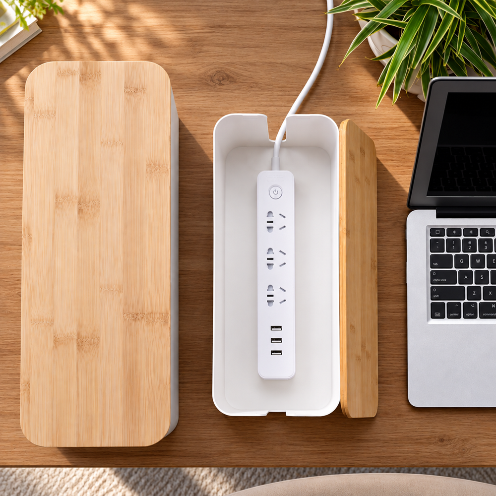 White cable management box with bamboo lid open on a wooden desk, holding a power strip beside a laptop and indoor plant.