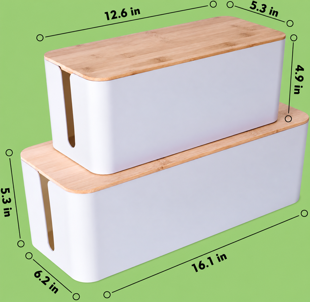 Two white cable management boxes with bamboo lids showing dimensions of 12.6 x 5.3 x 4.9 inches and 16.1 x 6.2 x 5.3 inches.